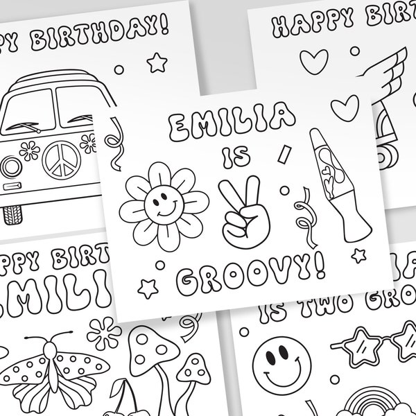 Printable Two Groovy Coloring Pages, 2nd Birthday Party Coloring Pages, Personalized Party Favors, Two Groovy, Hippie Theme, Set of 5 Sheets