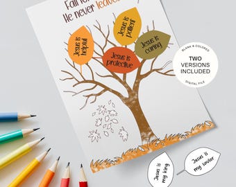 Fall For Jesus Tree Leaves Activity, Bible Activity, Sunday School Printable, Fall Leaves Craft Toddlers Kids, Christian Preschool Activity