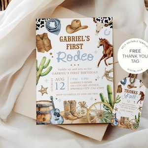 Western First Rodeo Birthday Invitation, Cowboy 1st Birthday Party Invite, Wild West Birthday, Rustic Country Theme, Digital Download 0203
