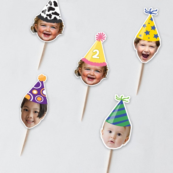 Party Hat Photo Cupcake Toppers, Custom Face Topper, Cupcake Topper, Birthday Topper, Kids Party Face Cupcake Toppers, Digital File