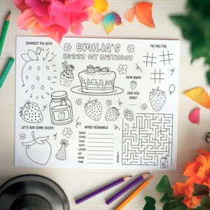 1st Birthday Strawberry Coloring Placemat, Strawberry Activity Placemat for Kids, Berry First Birthday, Strawberry Theme Party Activity Mat