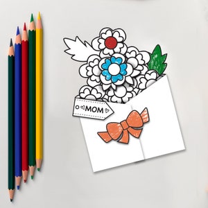 Printable Mother&#39;s Day Coloring Card, Printable Bouquet Card For Mom, Foldable Card, Fun Activity Coloring Flowers, Kids Craft Activity