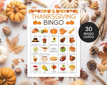 May include: Thanksgiving Bingo game card with 30 cards. The card features a grid with Thanksgiving-themed images and words like pumpkin, turkey, and stuffing. The card is surrounded by pumpkins, leaves, and nuts.