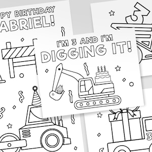 Printable Construction Coloring Pages, Birthday Construction Coloring Sheets, Personalized Construction Vehicles for Kids, Set of 5 Sheets