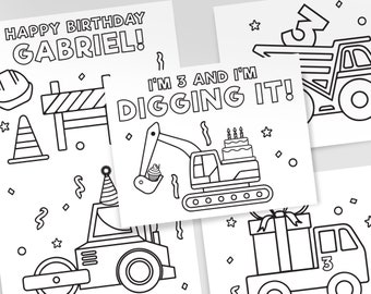 Páginas para colorir de construção para imprimir, folhas para colorir de construção para aniversário, veículos de construção personalizados para crianças, conjunto de 5 folhas