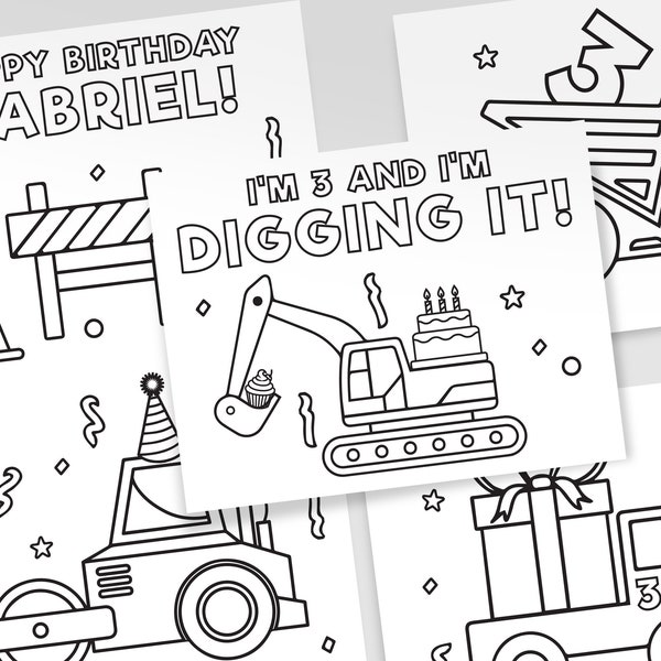 Printable Construction Coloring Pages, Birthday Construction Coloring Sheets, Personalized Construction Vehicles for Kids, Set of 5 Sheets