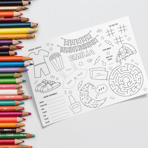 Slumber Party Coloring Placemat, Kids Sleepover Birthday Printable Activity, Personalized Mat, Pajama Party, Printable Coloring Activity Mat