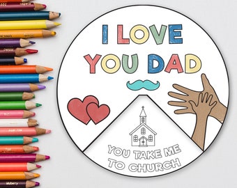 I Love You Dad Coloring Wheel, Preschool Coloring Printable Wheel, Church Kids Activity, Father's Day Crafts for Kids, I Love You Dad Craft