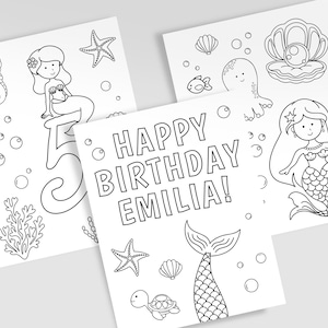 Mermaid Birthday Coloring Pages, Underwater Birthday Coloring Sheets, Personalized Mermaid Party Theme, Set of 3 Sheets, 0253