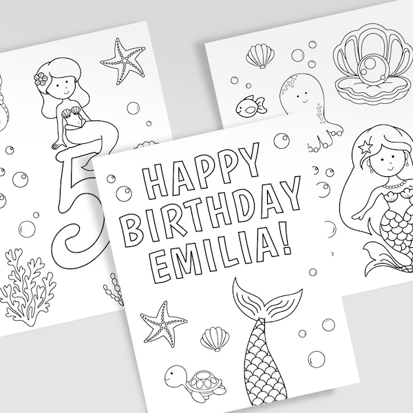 Mermaid Birthday Coloring Pages, Underwater Birthday Coloring Sheets, Personalized Mermaid Party Theme, Set of 3 Sheets