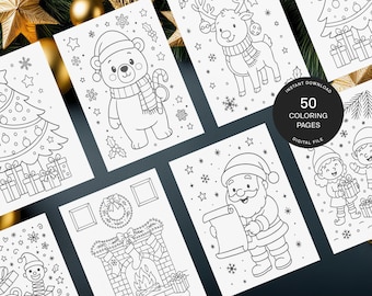 May include: A selection of black and white Christmas colouring pages. The pages show illustrations of a bear, reindeer, Santa Claus, and an elf. The text "INSTANT DOWNLOAD" and "50 COLORING PAGES DIGITAL FILE" is also visible.