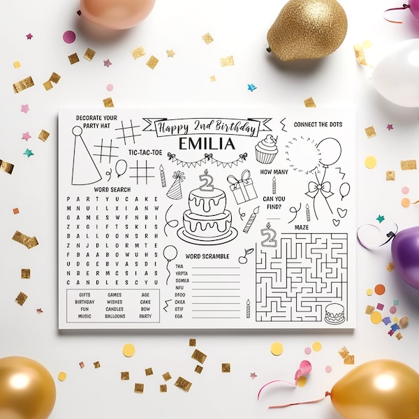 Printable Birthday Coloring Placemat, Birthday Activities for Kids, Personalized Table Mat, Digital File, Birthday Activity Mat