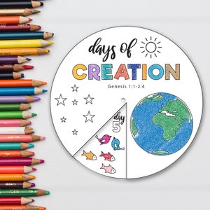 Days Of Creations Malrad, druckbare biblische Aktivität, Bibelstunde, Christentum Basteln für Kinder, Sonntagsschule druckbare Aktivität