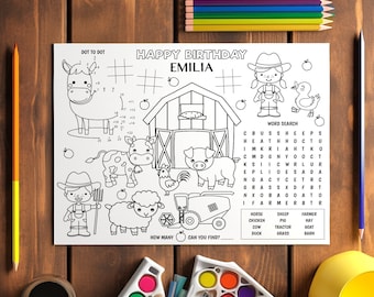 Bauernhof Färbung Platzdeckchen, Bauernhof Party Thema Aktivität Blatt, personalisierte Kinder Bauernhof Färbung Matte, druckbare Bauernhoftiere Färbung Seite