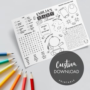 K&ouml;nnte beinhalten: Schwarzwei&szlig;es druckbares Babyparty-Spiel mit Aktivit&auml;ten wie Punkte verbinden, Wortsuche und einem Labyrinth. Das Spiel zeigt den Text "Emilia's Baby Shower" und "Individuelle Download-Vorlage zum Ausdrucken".