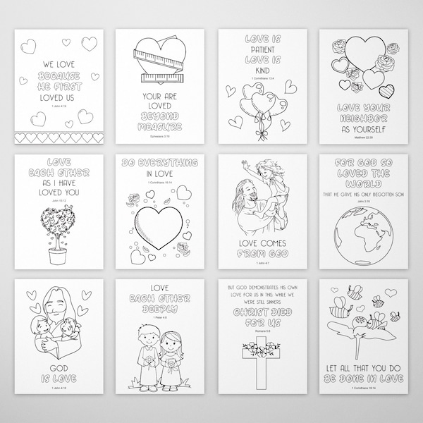 Valentine's Day Coloring Pages, Valentine's Bible Verses, Church Love Activities Sheet, Bible Activities, Set of 12 Bible Verses, Kids Bible