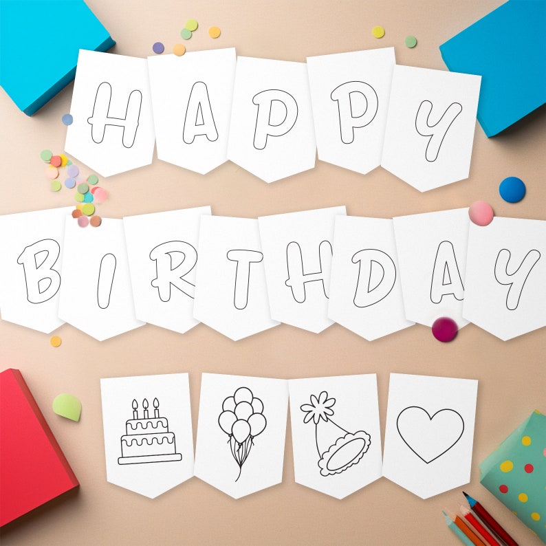Happy Birthday Coloring Banner, Printable DIY Kids Banner, Birthday ...