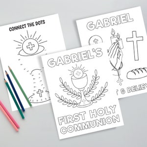 May include: Three black and white printable coloring pages for a First Communion celebration. The pages feature a connect-the-dots activity, a chalice with a host, and a cross with a rosary and bread.