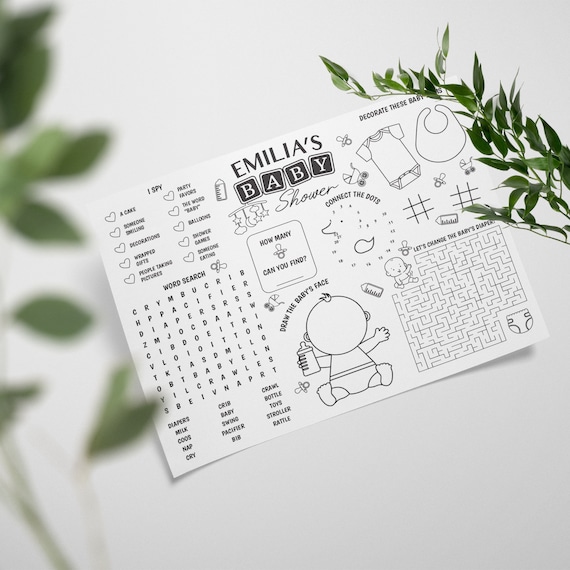 Baby Shower Coloring Placemat, Printable Activities for Kids, Printable Activity Mat, Baby Shower Personalized Printable Placemat