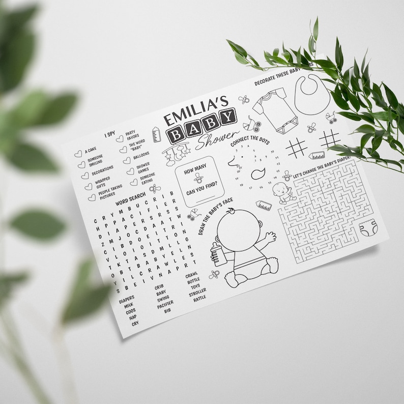 K&ouml;nnte beinhalten: Schwarzwei&szlig;es druckbares Babyparty-Spiel mit Aktivit&auml;ten wie Punkte verbinden, Wortsuche und einem Labyrinth. Das Spiel tr&auml;gt den Namen "Emilys Babyparty".