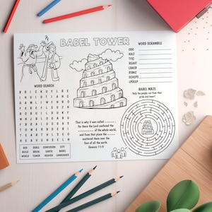 Tower of Babel Activity Placemat, Sunday School Crafts, Kids Educational Activity, Babel Tower Coloring Sheet, Bible Story Activities