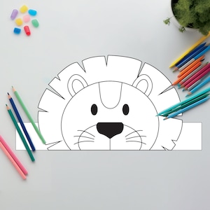 Corona di carta stampabile a forma di leone, cappello da leone, lavoretti stampabili a forma di leone, lavoretti con animali, lavoretti per la scuola materna, leone da colorare, lavoretti con corone di carta