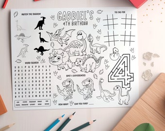 Mantel individual de cumpleaños de dinosaurio, hoja para colorear de dinosaurio, hoja de actividades de cumpleaños de dinosaurio, recuerdo de fiesta temática de dinosaurio, página para colorear para niños