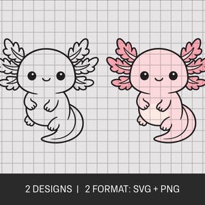 K&ouml;nnte beinhalten: Zwei Axolotl-Designs werden gezeigt, eines in Schwarzwei&szlig;, das andere rosa mit rosa Kiemen. Beide haben gro&szlig;e Augen und einen l&auml;chelnden Mund. Der Text unten lautet: 2 DESIGNS | 2 FORMAT: SVG + PNG.