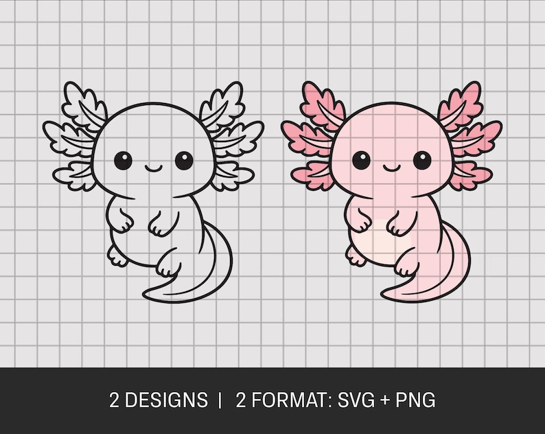 K&ouml;nnte beinhalten: Zwei Axolotl-Designs werden gezeigt, eines in Schwarzwei&szlig;, das andere rosa mit rosa Kiemen. Beide haben gro&szlig;e Augen und einen l&auml;chelnden Mund. Der Text unten lautet: 2 DESIGNS | 2 FORMAT: SVG + PNG.
