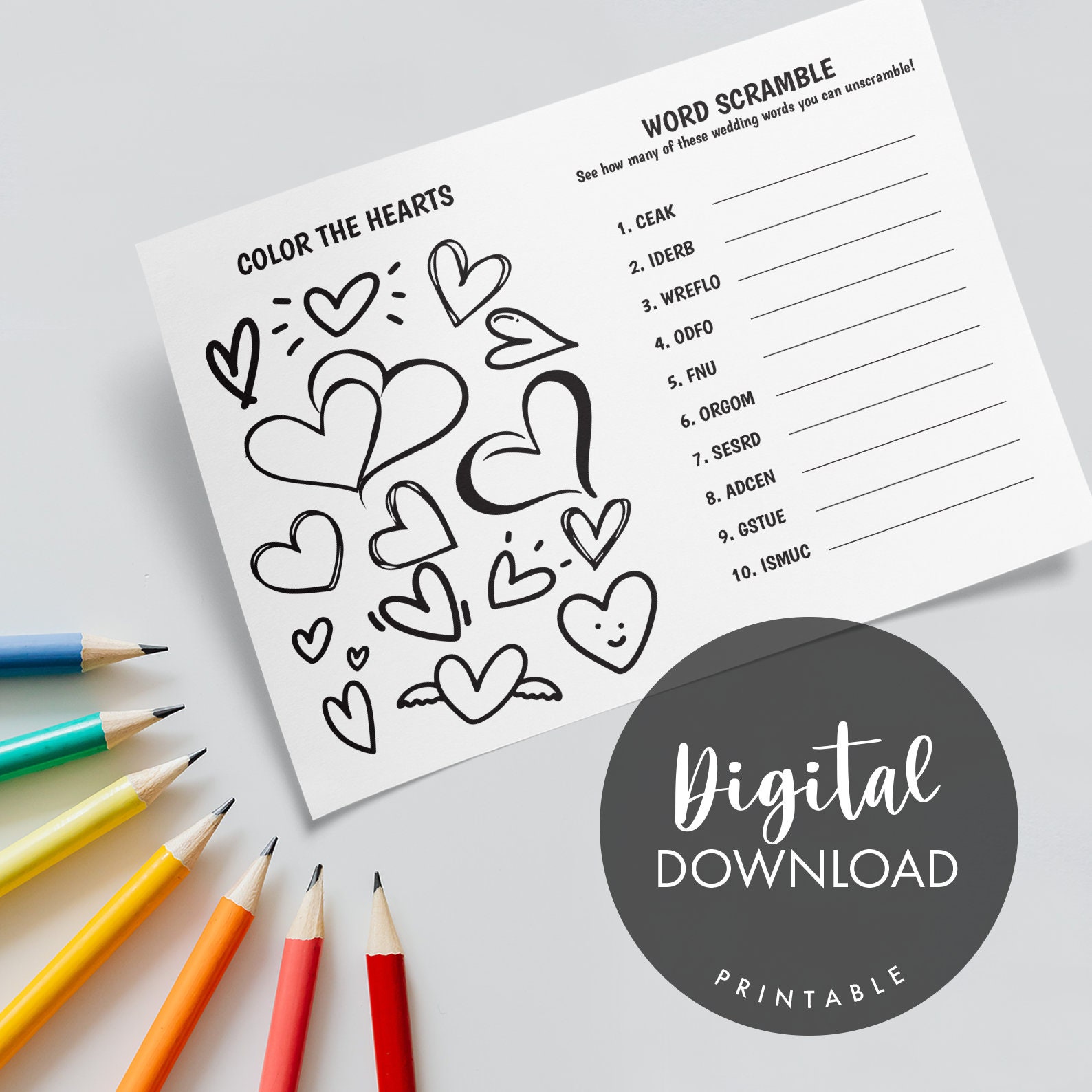 Set de table mariage imprimable | Coloriage et feuille d'activités pour enfants : labyrinthe, recherche de mots, mots croisés