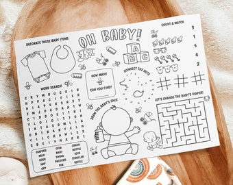 Babyparty Färbung Tischset, druckbare Aktivitätsblatt, druckbare Babyparty Aktivitätsmatte, Babyparty Spiele für Kinder, Kinder Malseite