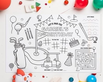 Bordstablett för golffödelsedagsmålning, utskrivbart aktivitetsblad för golffesttema, hole-in-one, utskrivbart golfmålarblad, bordstablett för barngolf