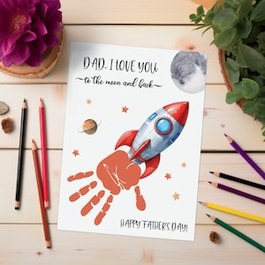 Vatertags-Raketen-Handabdruck-Handwerk, Geschenk für Vater von Kindern, ich liebe dich bis zum Mond und zurück, Rakete-Handabdruck-Kunsthandwerk, Erinnerungs-Andenken
