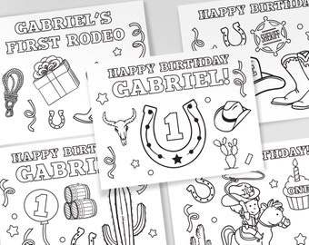 Könnte beinhalten: Schwarz-weiß-Malvorlagen mit Cowboy-Motiv und dem Namen Gabriel. Die Seiten enthalten ein Hufeisen, einen Kaktus, einen Cowboyhut, einen Stern, eine Geschenkbox, ein Lasso, eine Eins und ein Fass. Die Texte "Gabriel's First Rodeo" und "Happy Birthday Gabriel!" sind auf den Seiten enthalten.