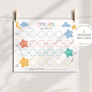 Può includere: Un tabellone delle ricompense bianco con il testo "EMILIA'S stay in bed chart" e le parole "Reward" e "you did it". Il tabellone ha cerchi per tenere traccia dei progressi, illustrazioni di stelle e nuvole ed è tenuto da clip di legno.