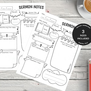 Könnte beinhalten: Zwei schwarz-weiße Predigtnotizseiten mit Ausfüllfeldern für Bibellesungen, Predigtnotizen und persönliche Reflexionen. Ein schwarzer Kreis mit dem Text "SOFORT-DOWNLOAD 3 GRÖSSEN ENTHALTEN DIGITALE DATEI" befindet sich auf der rechten Seite.