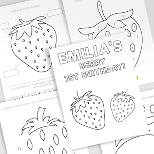 Printable Strawberry Party Coloring Pages, Berry First Birthday Coloring Sheets, Personalized First Birthday Activity, Set of 5 Sheets