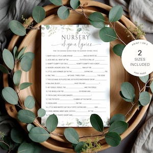Juego de letras de canciones infantiles para bebés, juegos imprimibles para baby shower, adivina la canción infantil, tema de baby shower con vegetación 0004