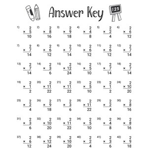 May include: A black and white worksheet with the title "Answer Key" and a chalkboard with the numbers 123 on it. The worksheet contains 42 math problems with fractions, all of which involve multiplying 2 by a fraction.