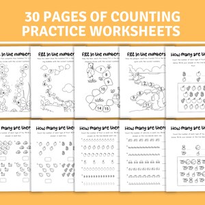 Puede incluir: Hojas de trabajo imprimibles en blanco y negro para que los niños practiquen el conteo. Las hojas de trabajo presentan varios temas, incluidos peces, frutas y otros objetos. El texto en la página dice "30 páginas de hojas de trabajo de conteo".