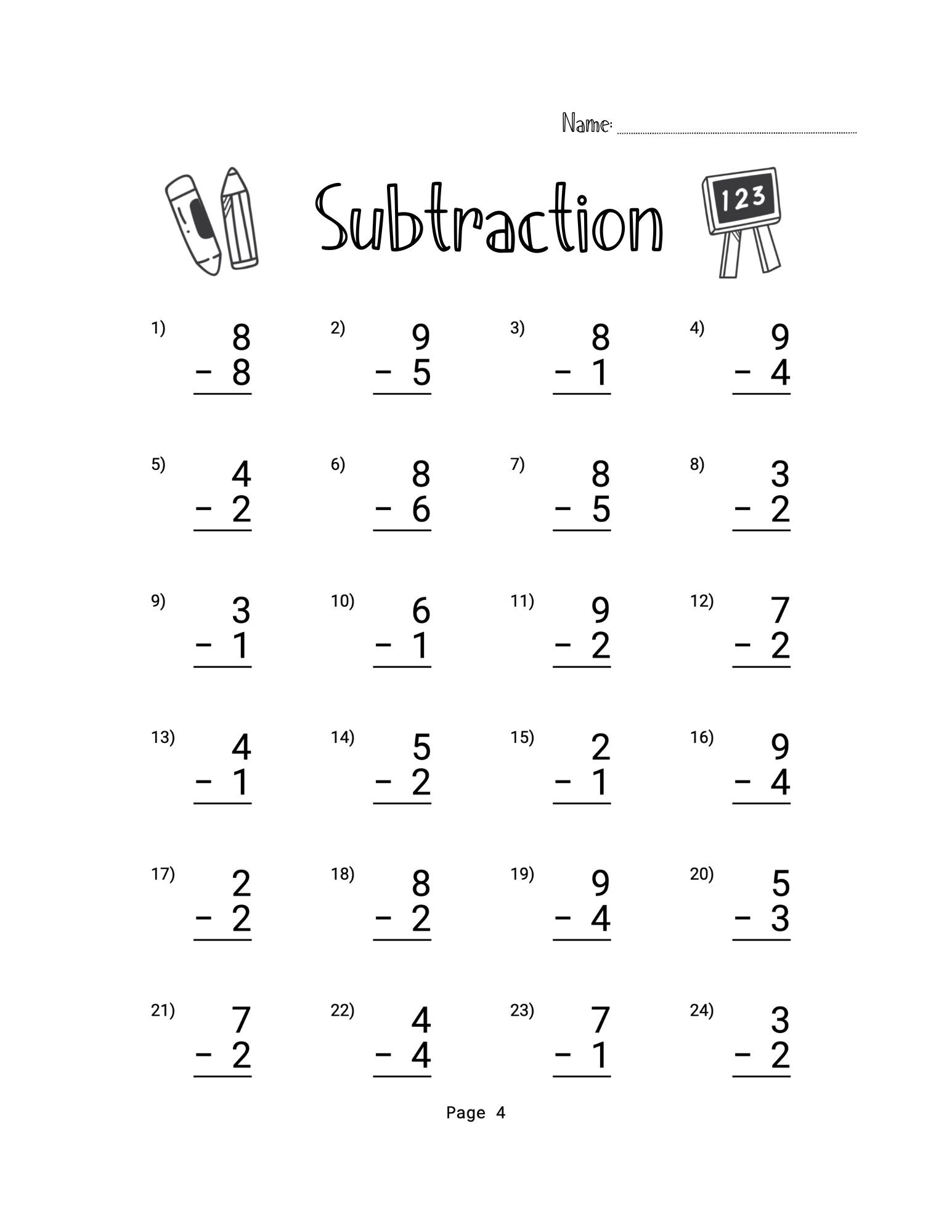 10 Printable Subtraction Worksheets Numbers 1 9 Answer Key Included
