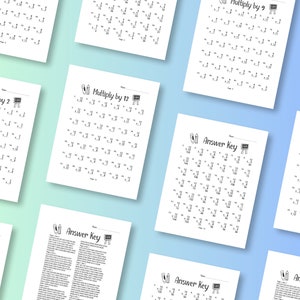 May include: Black and white printable worksheets for multiplication practice. The worksheets feature a chalkboard with the words "Multiply by 2", "Multiply by 9", "Multiply by 12" and "Answer Key".