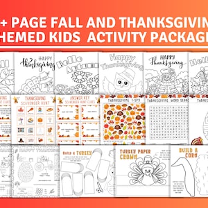 Könnte beinhalten: Ein Set mit über 35 druckbaren Aktivitätsseiten für Kinder mit Herbst- und Thanksgiving-Motiven. Die Seiten beinhalten Malvorlagen, Labyrinthe, Wortsuchen und mehr. Die Seiten sind in Schwarzweiß gehalten und zeigen verschiedene Herbst- und Thanksgiving-Motive wie Kürbisse, Truthähne und Blätter.