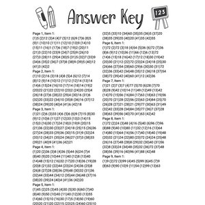 May include: Answer key for a coloring book with numbers 1 through 123. The answer key is printed on a white page with black text. The page is divided into sections with different numbers and corresponding colors.