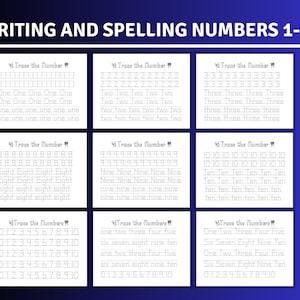 &quot;13 Seiten druckbare Schrift und Rechtschreibung Zahlen 1-10, Zahlen verfolgen, digitaler Download, Zahlenverfolgung, Schreibübungen.&quot;