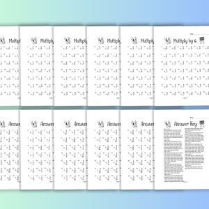 May include: A set of 8 printable worksheets for practicing multiplication by 6. Each worksheet has 25 multiplication problems. An answer key is included.