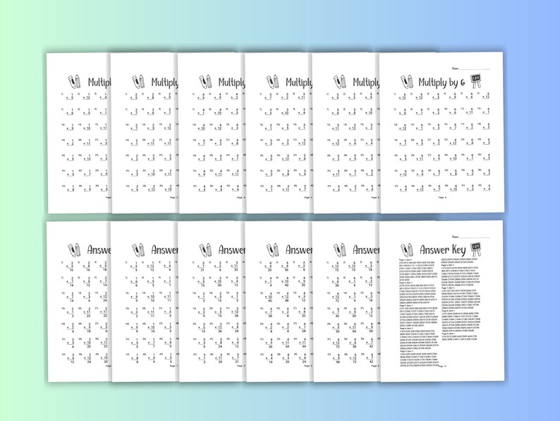 May include: A set of 8 printable worksheets for practicing multiplication by 6. Each worksheet has 25 multiplication problems. An answer key is included.