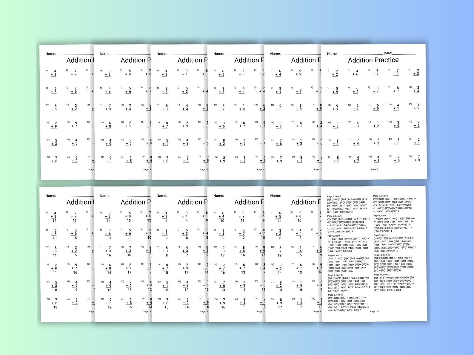 30 Printable Addition Worksheets, Single Digit, Numbers 1-9, Answer Key ...