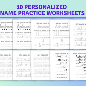 May include: Ten black and white printable worksheets for practicing writing the names Joshua and Ashurst. Each worksheet includes different activities like spelling, tracing, and writing the names.