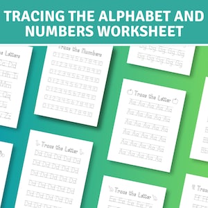 38 páginas para impressão, trace o alfabeto e os números de 1 a 10, rastreie letras e números, download digital, letras, rastreamento de números, prática de escrita